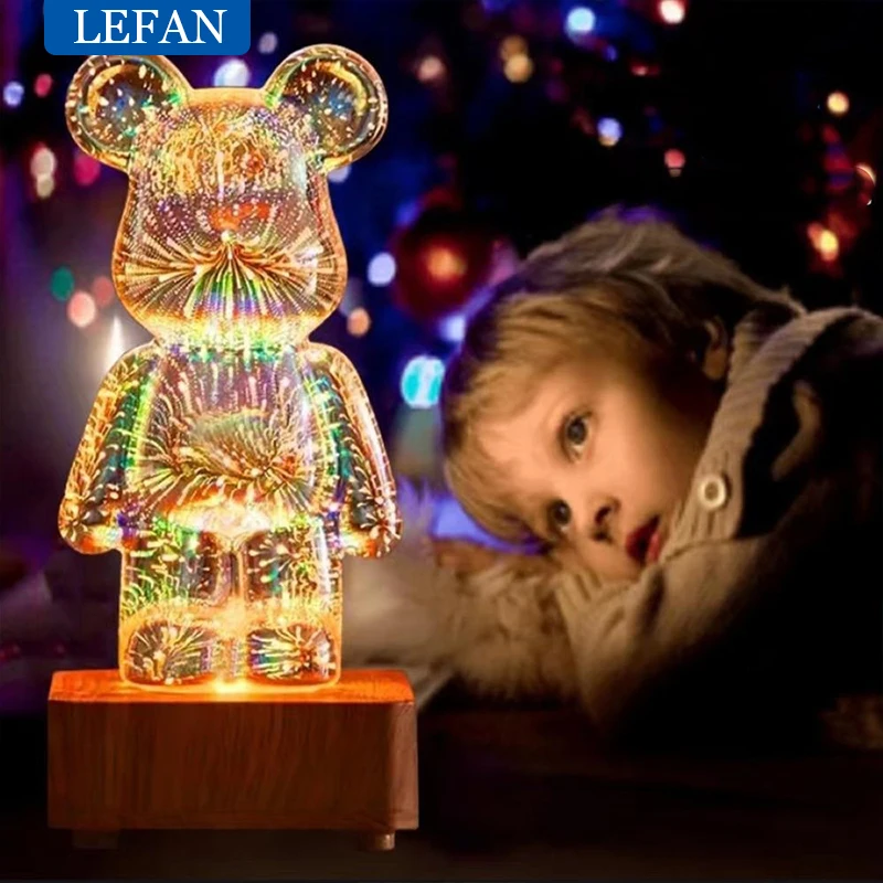 3D RGB Fireworks Bear Glass LED lampa Farebná atmosféra Nočná ľahká miestnosť Desk Deskorátor projektor Romantický spálň
