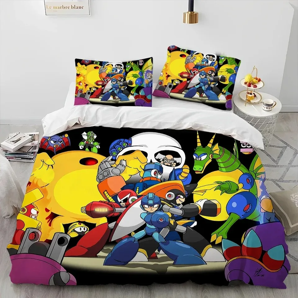 3D Rockman Megaman Game Cartoon Welfer Bedding Set, obliečka na obliečka na krupici prikrývka vankúš, King Queen Set Bedding Set Kid
