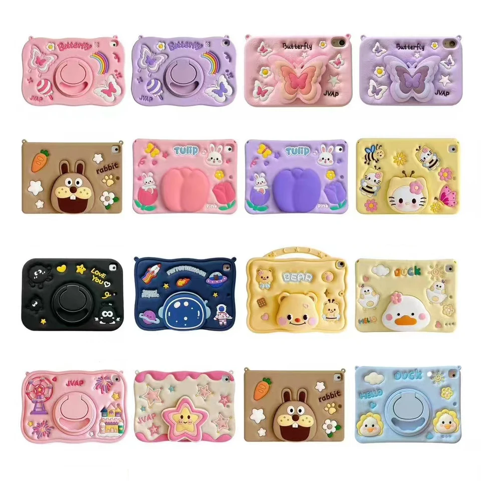 3D roztomilý karikatúra Kawaii Soft Stock Cover Cover Silikone Puzdro pre iPad Mini 6 5 4 3 2 1 so stojanom Crossbody Lanyard Funda Case