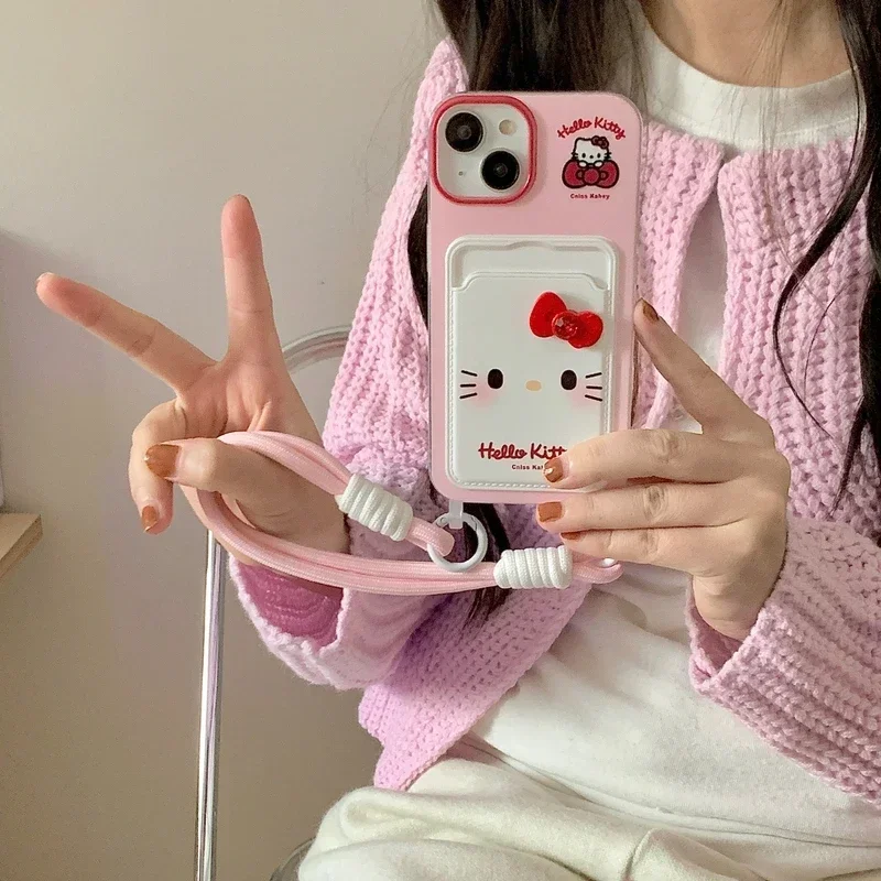 3D roztomilý karikatúra Sanrio Hello Kitty Card Card Panlow pre iPhone 15 14 13 12 11 Pro Max Soft TPU Cover s ružovým šnúrkou