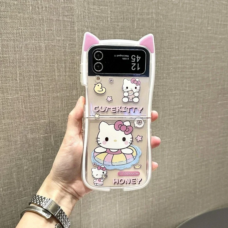3D roztomilý karikatúra Sanrio Hello Kitty Cinnamoroll Telefon Pase pre Samsung Galaxy Z Flip 6 5 5G 4 3 Clear Soft TPU Cover s Lanyardom