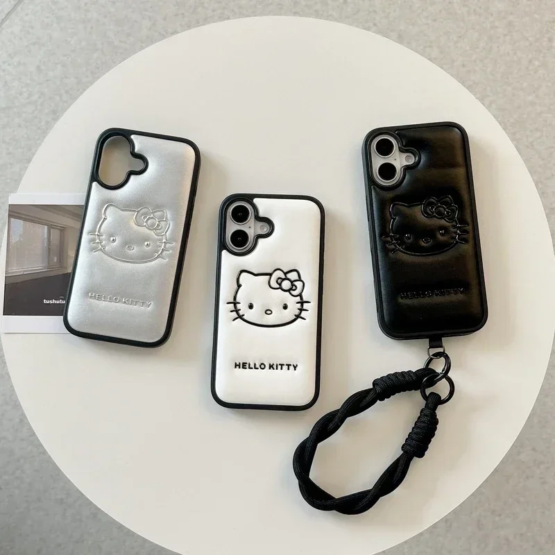 3D roztomilý karikatúra Sanrio Hello Kitty Embosing Leather Telefón puzdro pre iPhone 16 15 14 13 12 11 Pro Max