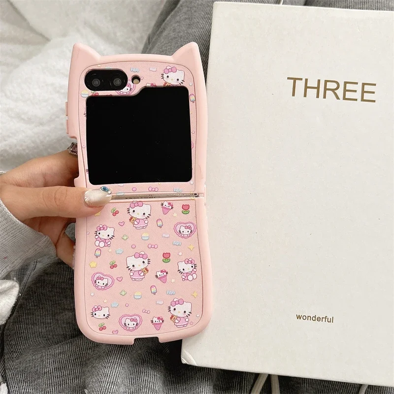 3D roztomilý karikatúra Sanrio Hello Kitty Puzdro pre Samsung Galaxy Z Flip 6 5 Soft Loather Cover pre Z Flip 4 3 s Lanyardom
