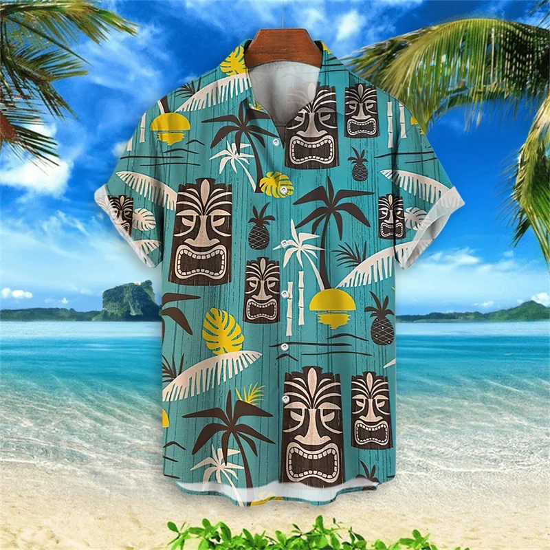 3d tiki tlač havajské košele pre mužov vintage pánska košeľa ulica Príležitostné mužské oblečenie 2024 Nový módny klopný blúzka s krátkym rukávom