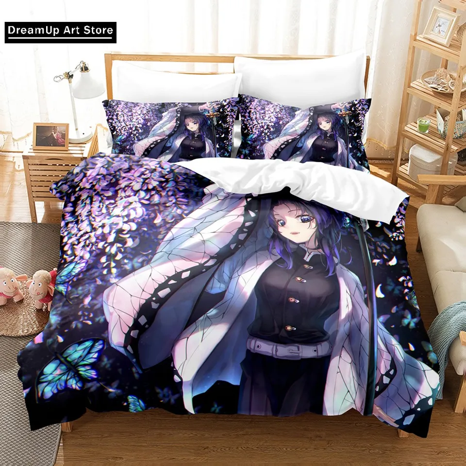 3D tlač Kochou shinobu Anime Anime Demon Slayer Bedding Set Cute Quilt Cover Bed Cover s vankúšom dvojča single kráľovnej kráľa Veľkosť
