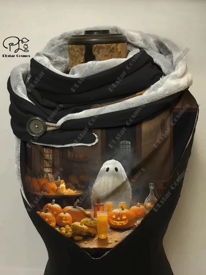 3D tlačená Halloween Ghost Skull Crow Pumpkin Owl Cat Cat Tlač teplého šál Spring a zimná malá trojuholníková šál W-1
