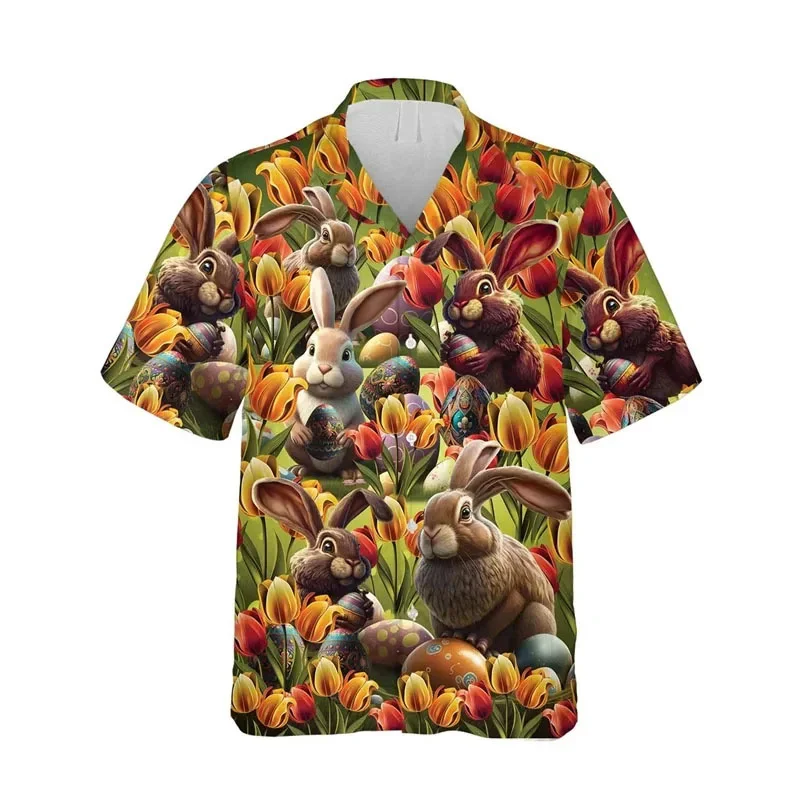 3D tlačená karikatúra roztomilý králičie košeľa Aloha Men Men Veľkonočné vaječné grafické blúzky blúzky s krátkym rukávom Gompve Tops Hawalian košele