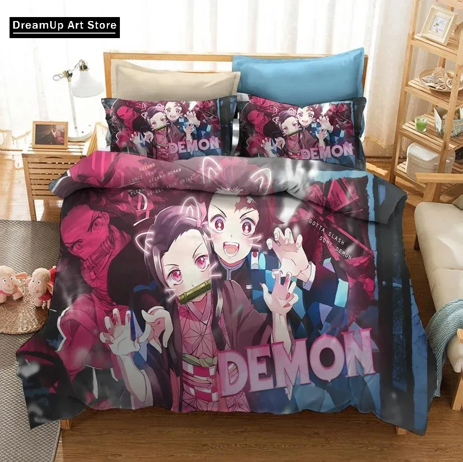 3D tlačené anime démon Slayer Nezuko Tanjirou posteľná súprava sada roztomilý kryt prikrývky postele s vankúšom dvojča single kráľovná kráľa veľkosti