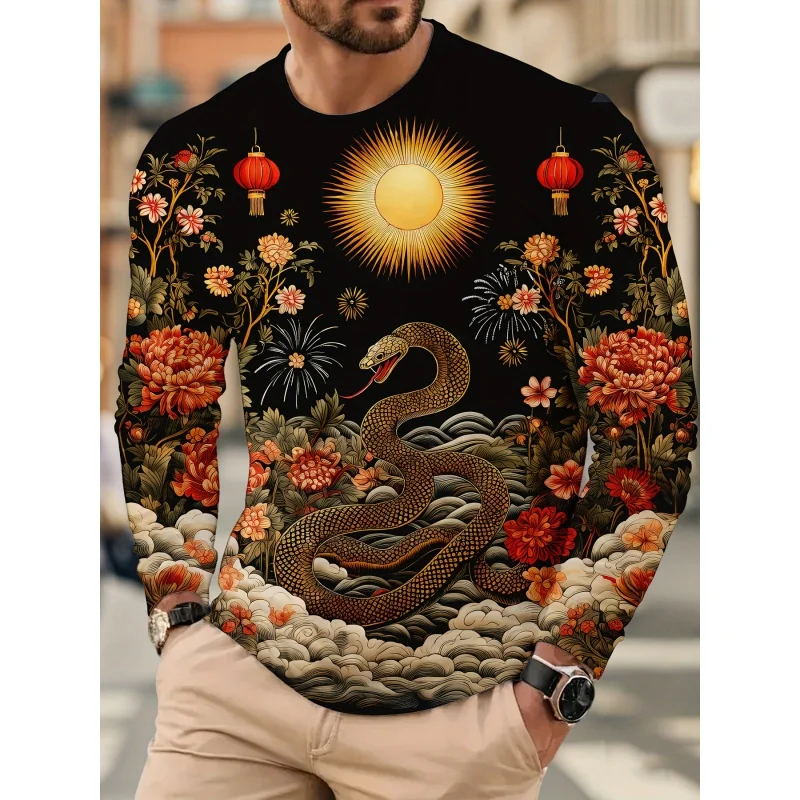 3D tlačené Cool Dragon Snake T košeľa pre mužov kvetiny slnečné cloud cloud coat Autumn Príležitostné dlhé rukávy O-krk vrcholy voľných tričiek