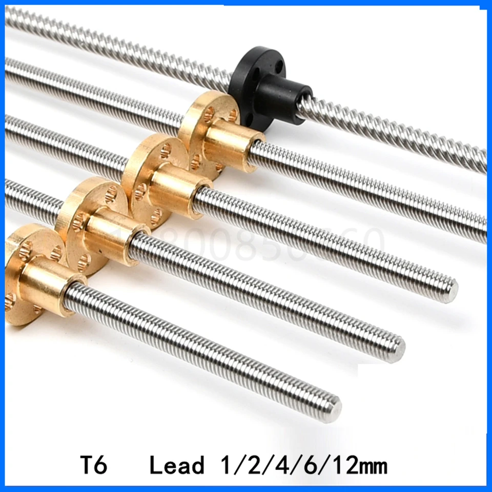3D tlačiareň CNC lichobežná tyč T6 skrutka 6 mm olovo 1/2/4/6/12 mm lineárny hriadeľ s dĺžkou mosadznej matice 100 mm až 550 mm krokový motor