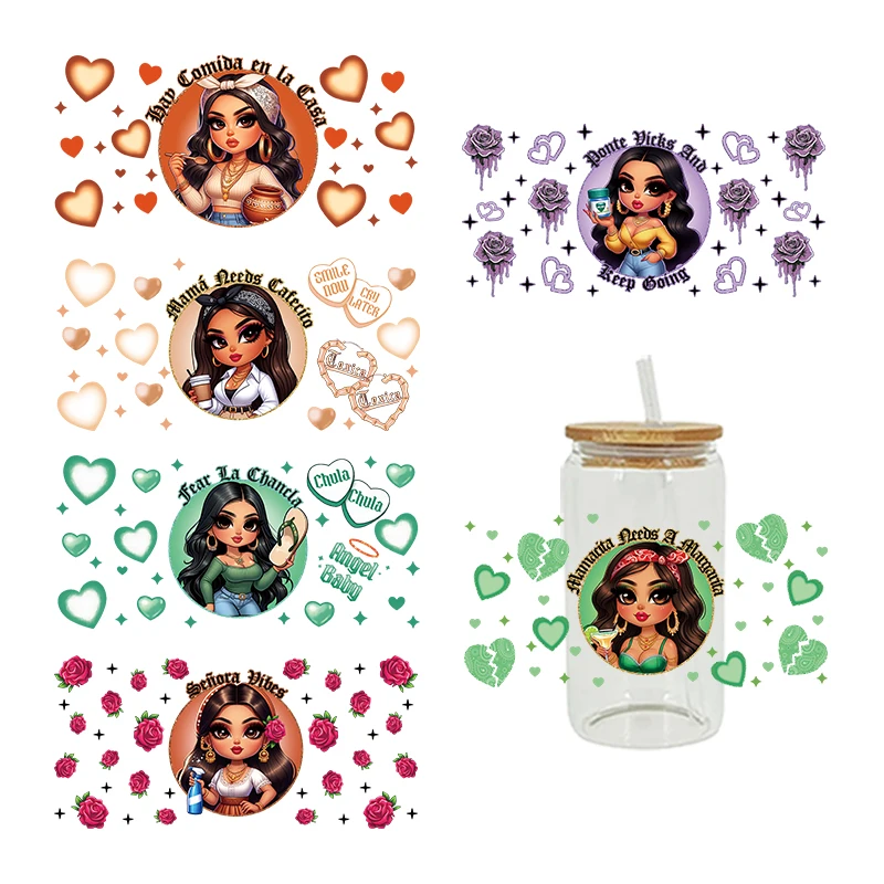 3D UV DTF MAMA POTREBY CAFECITO CHICANA MOM CAFECITO Y Chisme Latina Deň matiek výtlačky pre 16oz LIBBEY Glasses Wraps D15706