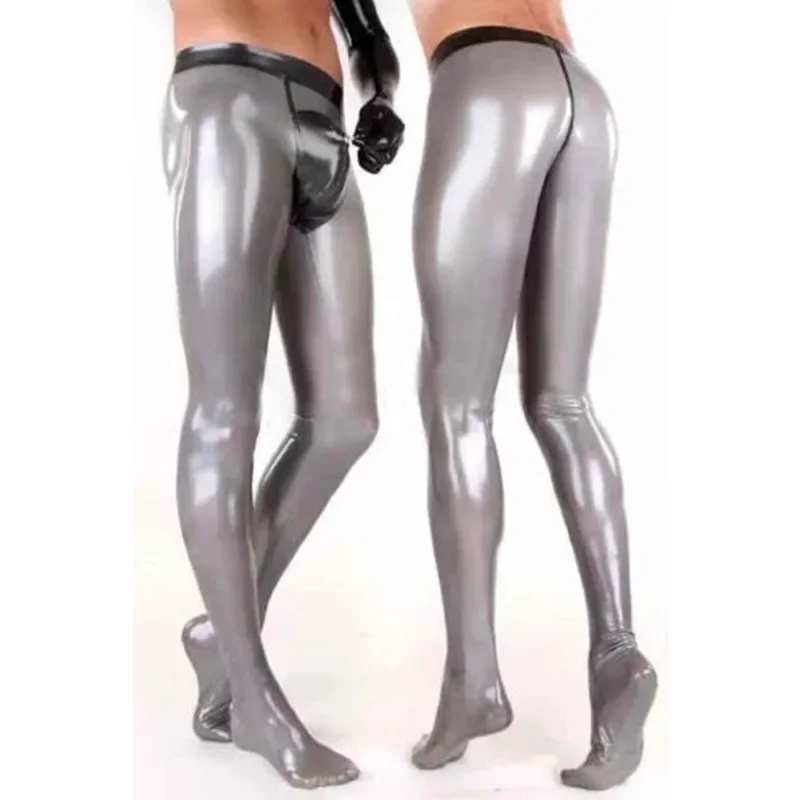 3D vysoký pás ručne vyrábané latexové nohavice striebro s čiernou s predným zipsom gumové nohavice pre muža