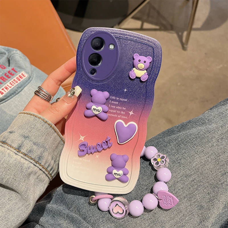 3D Wavy Gradient Sweet Bear Puzdro pre Infinix Poznámka 12 Turbo Infinix Poznámka 12 Pro Infinix Poznámka 12i Ochrana náramkov