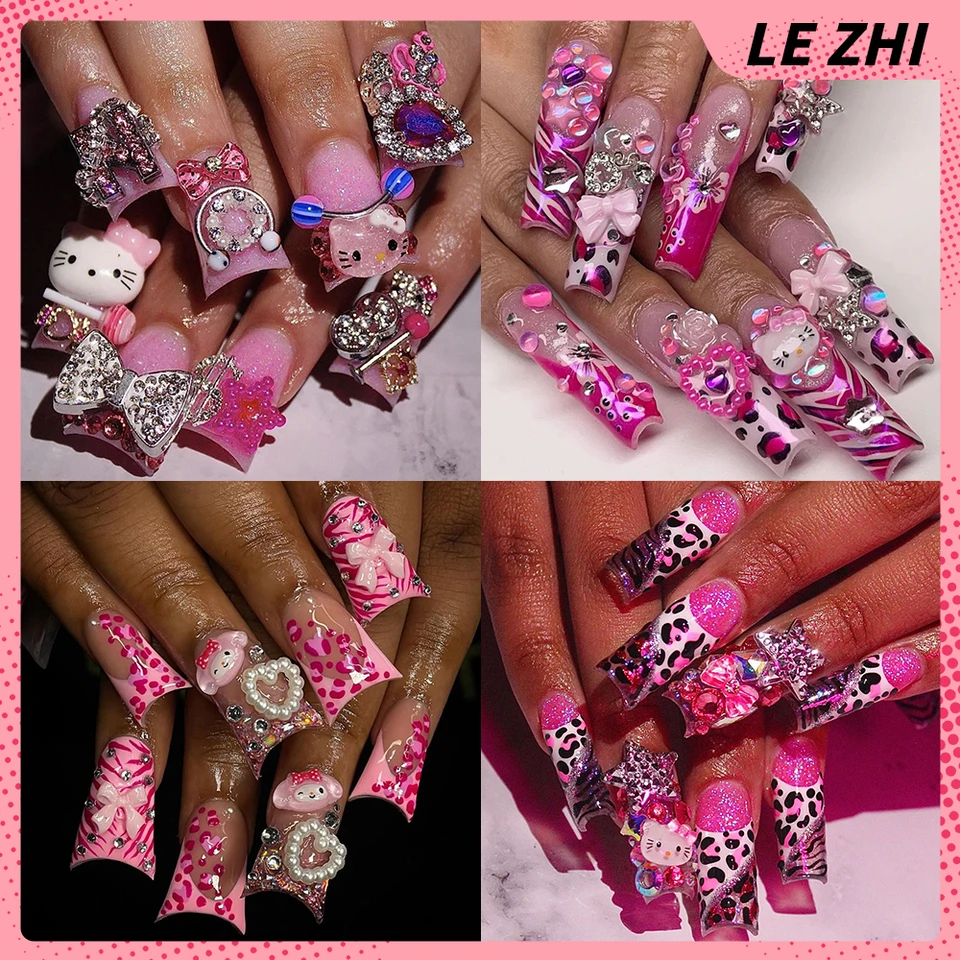 3d y2k Sanrio Hello Kitty Euro-American Pink False Francúzsky francúzsky štýl Duckbill XL Leopard Print Design Design Full Cover Tip na nechty
