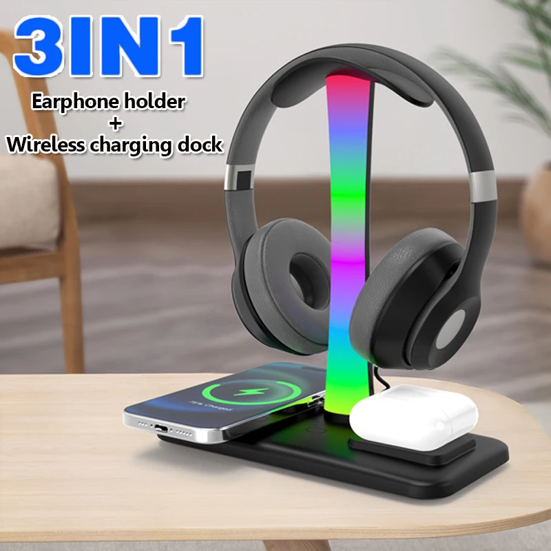 3in1 slúchadlá stoja bezdrôtovej nabíjačky RGB Atmosféra Light Gaming Headset Bracket Mobile Phone Bluetooth Serfone Dock