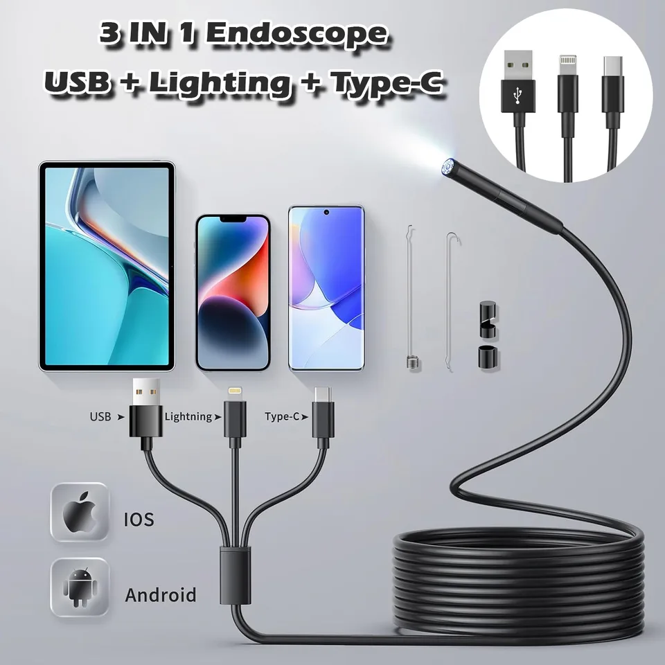 3in1 USB Video Endoscope Endoscopic Cable Cable Inšpekcia kanalizácie pre iPhone iOS USB Typ C 1080p Full HD Android Cars