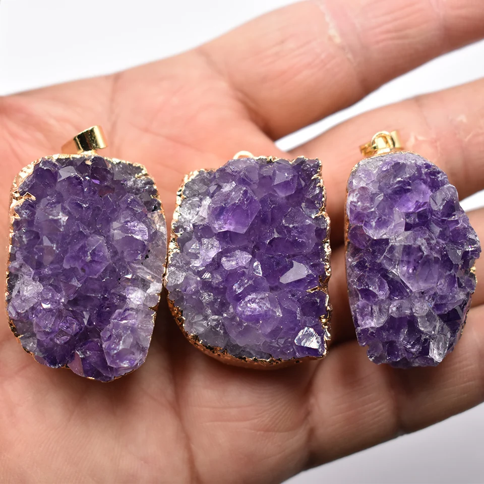 3ks Druzy Nepravidelné náhodné prírodné ametysty kremeň Geode Cut náhrdelník Krištáľový priekopník