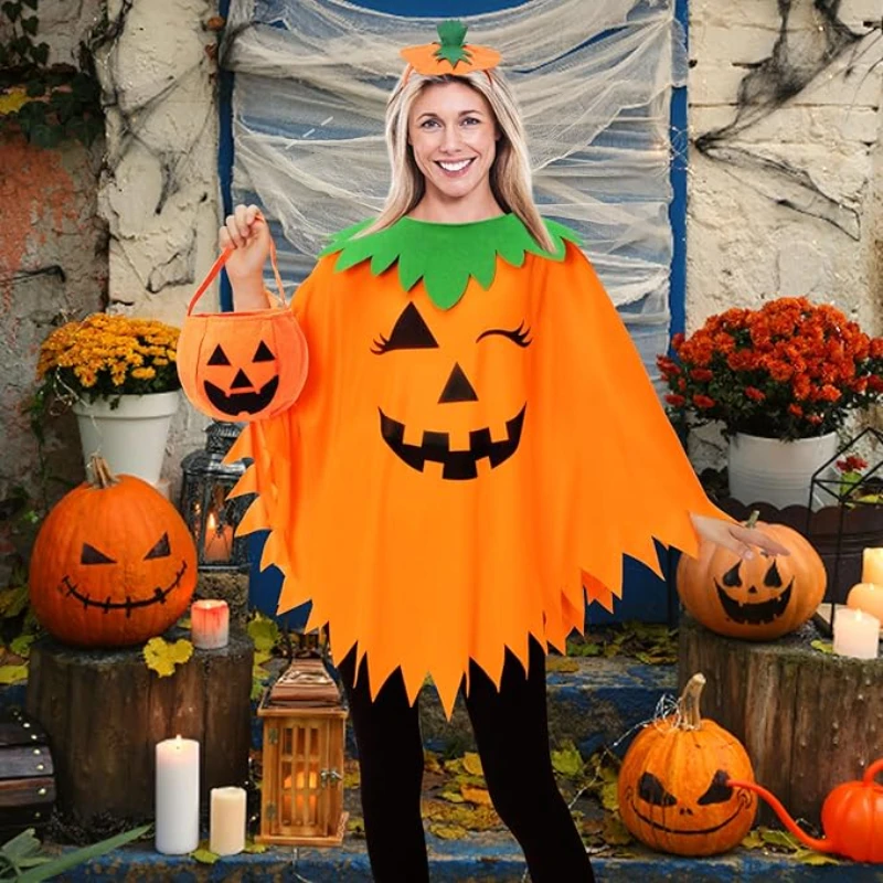 3ks Halloween Pumpkin Costume pre ženy, tekvica poncho pre dospelých s čelenkou a taškou, kostým Halloween pre ženy
