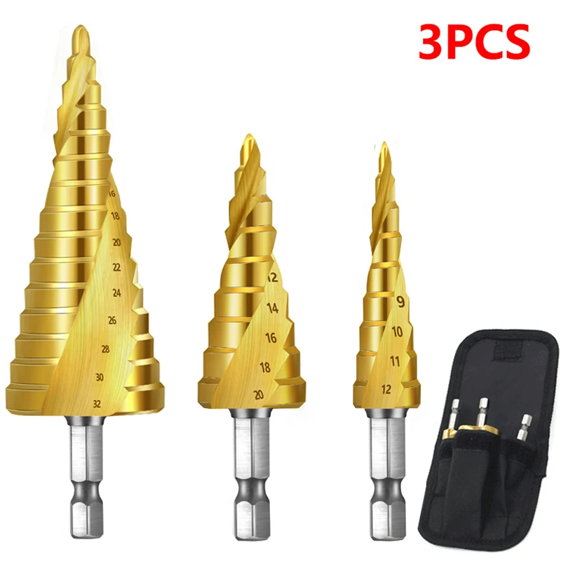 3ks HSS titánový potiahnutý špirálový drážkovaný krok vŕtania 4-12 4-20 4-32 Výkonový nástroj Step Bits Set Metal Multi-Dole Tuper vŕtačka
