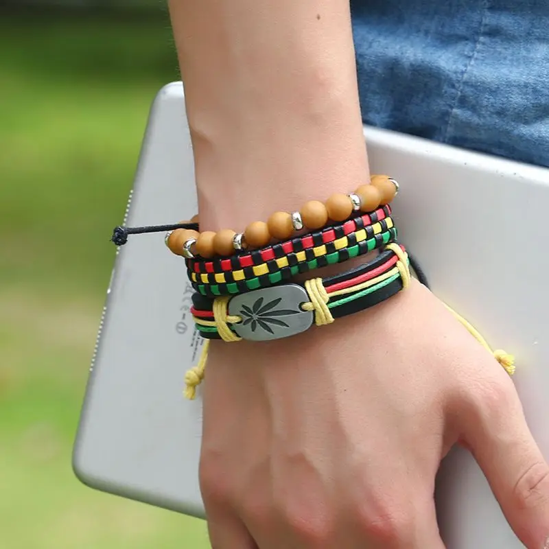3ks jamajka kožená kožená konopná šnúra tkané pletené náramky Rasta reggae náramok