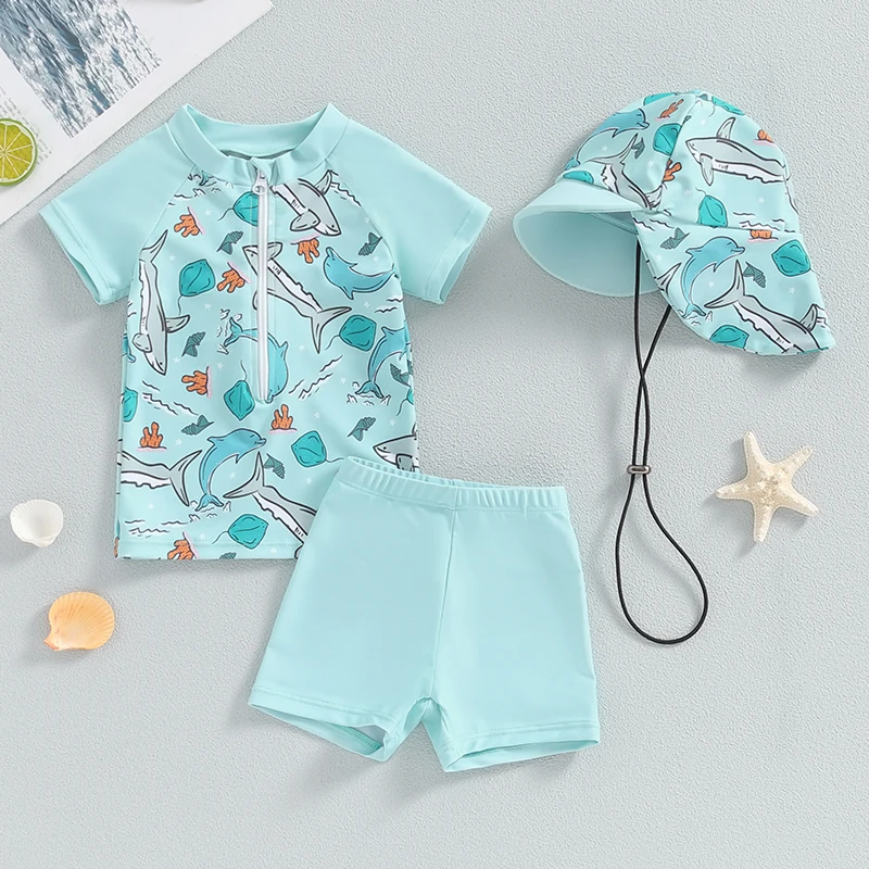 3KS Kids detské plavky bikiny set módy letný žralok tlač zips s krátkym rukávom vyrážky strážky