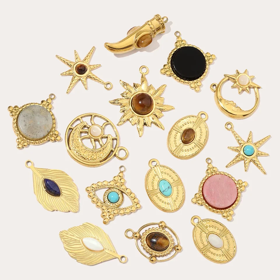 3KS/LOT Sun Star DIY Charms Dámsky prírodný kamenný náhrdelník Nerezant z nehrdzavejúcej ocele 14 K Zlaté farebné šperky príslušenstvo