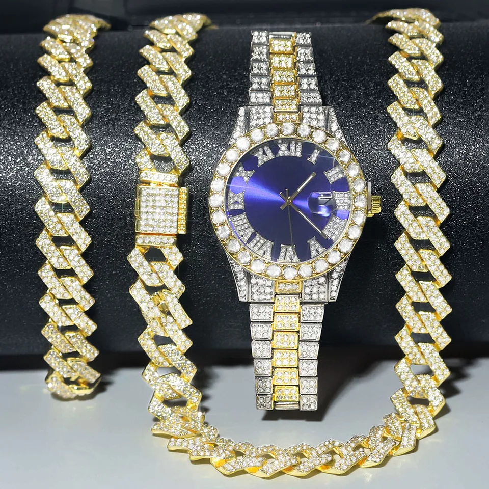 3KS Men Štýlové hodinky Set Iced Out Hip-Hop Punk zmiešané farebné hodinky+zlatý kubánsky reťazec+náramok set mužov Dámske šperky darček