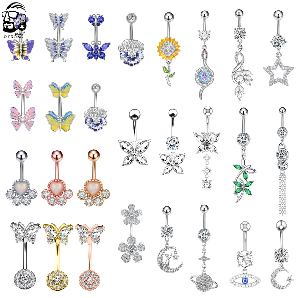 3ks motýľové kvetinové brušné gombíky súpravy 14g z nehrdzavejúcej ocele Crystal Dangle Belly Ring Pack Sexy pupk