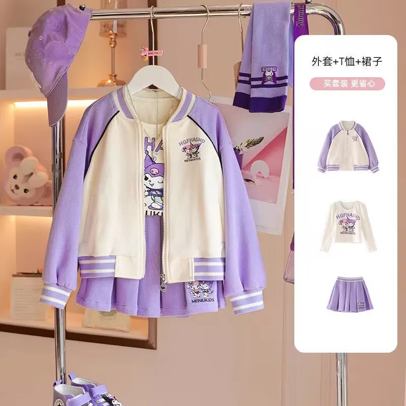 3KS Sanrio Kuromi Girls Baseball Uniform Pohary Set Spring a jeseň nových detských dievčat Športová bunda sukňa mikiny