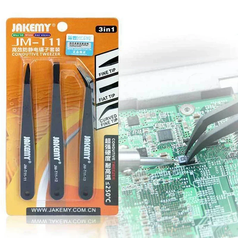 3ks/set ant-statické pinzety z uhlíkových vlákien Plastové ESD Presné zakrivené priame pinzeru pre elektronické náradie na opravu PCB