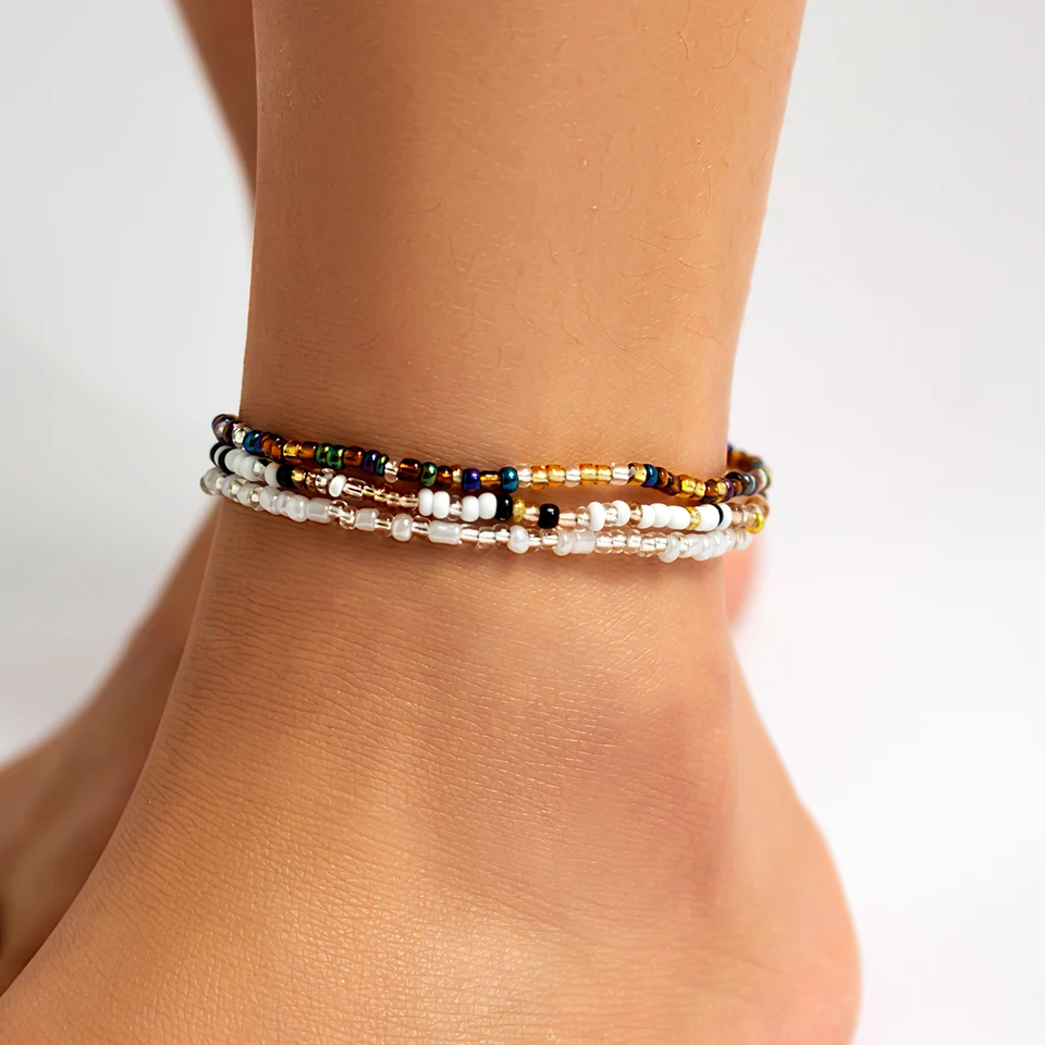 3ks/set boho farebné ryžové korálky pre ženy personalizované geometria okrúhle nohy reťaz letné plážové šperky doplnky