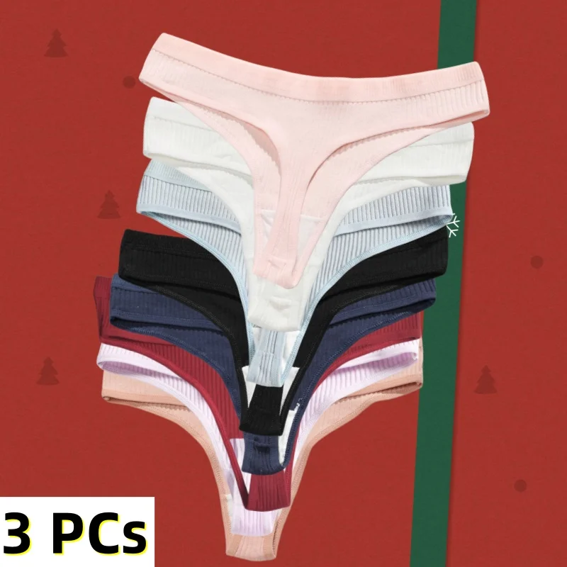 3ks/set dámske bavlnené tangá rebrované nízkym vzostupom G-string Gloudsless Sexy Priedubné spodné prádlo bikiny biele farebné nohavičky