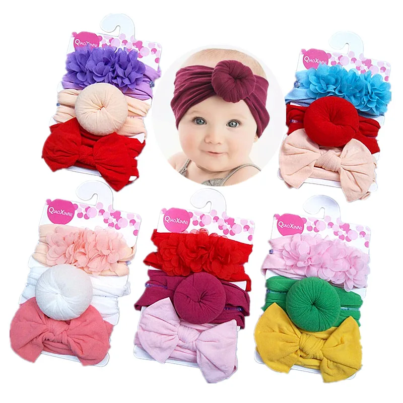 3ks/set Elastic Chiffon Flower Headbands pre dievčatká Kairové príslušenstvo Dievčatá mašle nylonové tublové vlasové pásy Turban