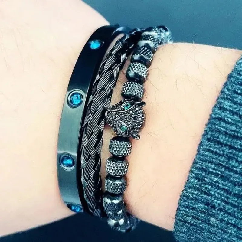 3ks/set leopard hlava pletená láska naskladané náramky náramky pre ženy Men z nehrdzavejúcej ocele Colorfast kamienky náramky šperky