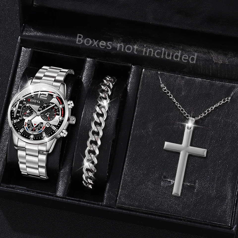 3ks/set Men's Calendar Quartz Watch Fashion Fashion Zliatina hodiniek Náhrdelník a náramok sada Ideálny výber pre darčeky