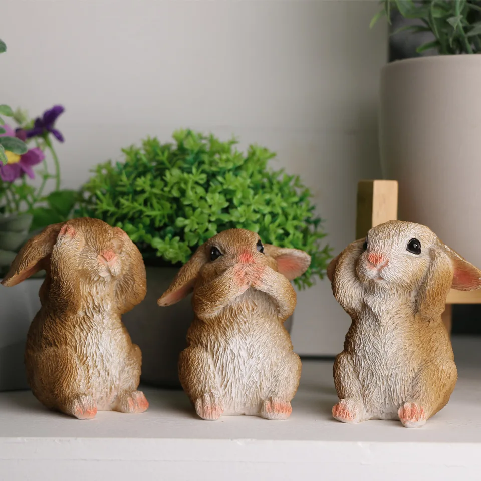3ks/set Resin Resin Rabbit Figur Decor - No Say/Look/počúvajte zviera, Mini Animal Model pre farmársky dvor - umelý jahňací remeselný darček