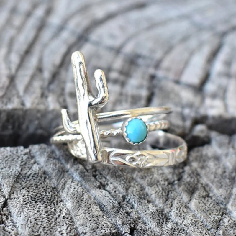 3ks/set Vintage Čechia rastlinný kaktus tyrkysové dámske krúžky pre páry priateľka Zoznamka darčekové doplnky Fidget Ring Ring