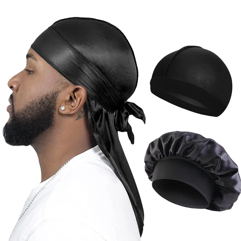 3ks/veľa mužov Silky Durag Long Tail Pirát Pirát čelenka Turban Dome Wave Cap Unisex parochňu Elastic Band Satin Bonnet