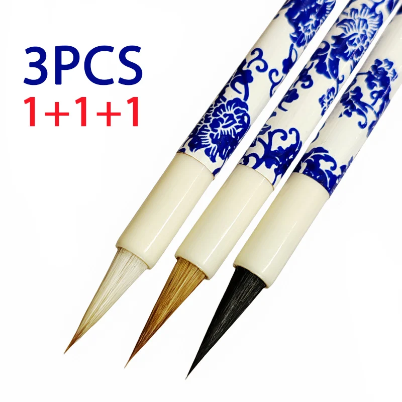 3ks čínsky štýl Kaligrafické kefy modré a biele držiak porcelánu držiak weasel Wool Písanie vlasov kefa xiaokai kaishu kefka