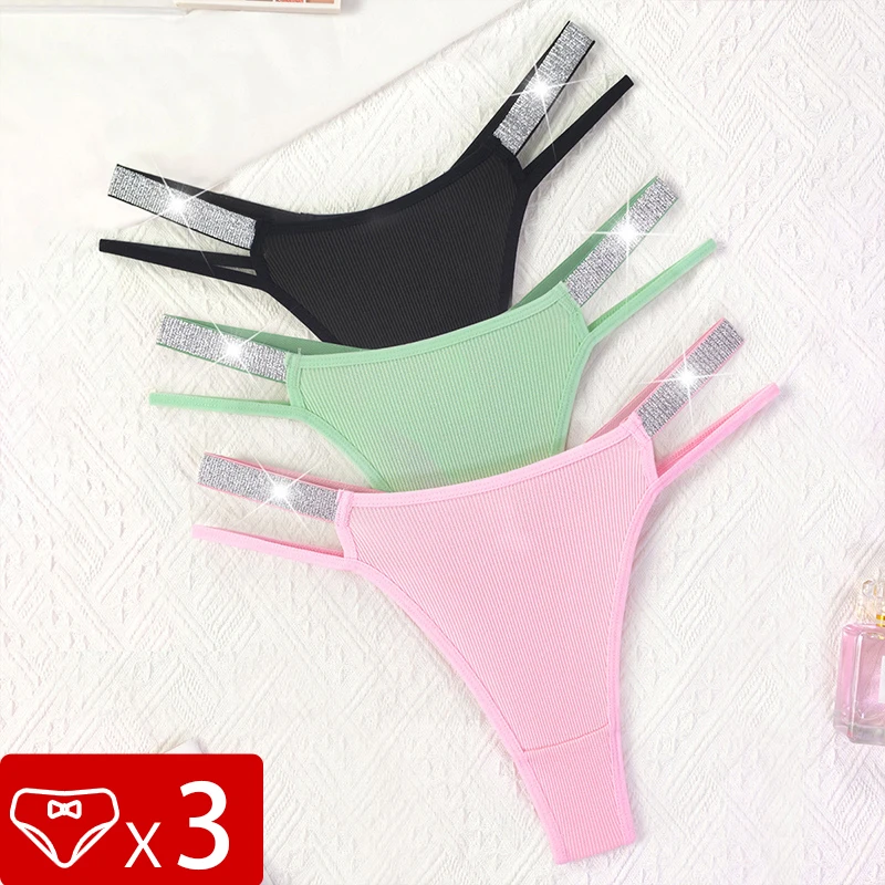 3ks Ženy Sexy g-string Solid s nízkym vzostupom Pohodlné ženské spodné prádlo dva lesklé pásy Intímne spodná bielizeň