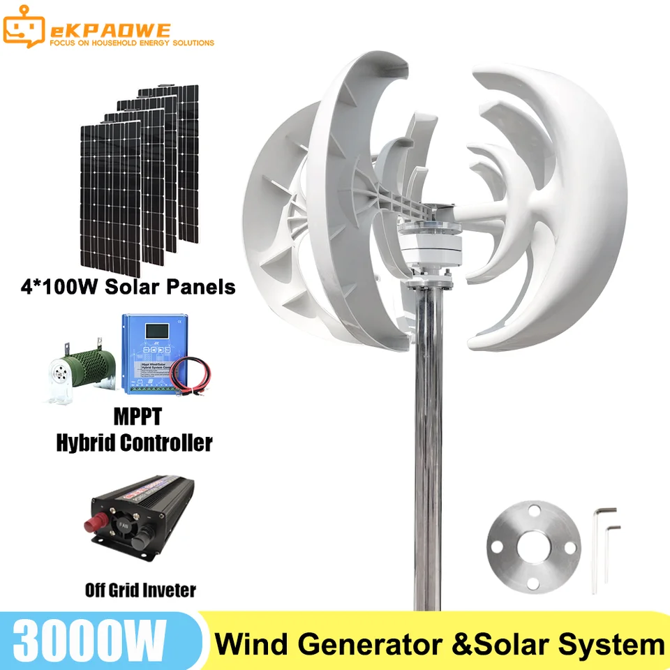 3KW Súprava vertikálnej generátora veterných turbín 3000W 12V 24V Alternatívne veterné mlyny voľnej energie s hybridným ovládačom MPPT pre domáce použitie