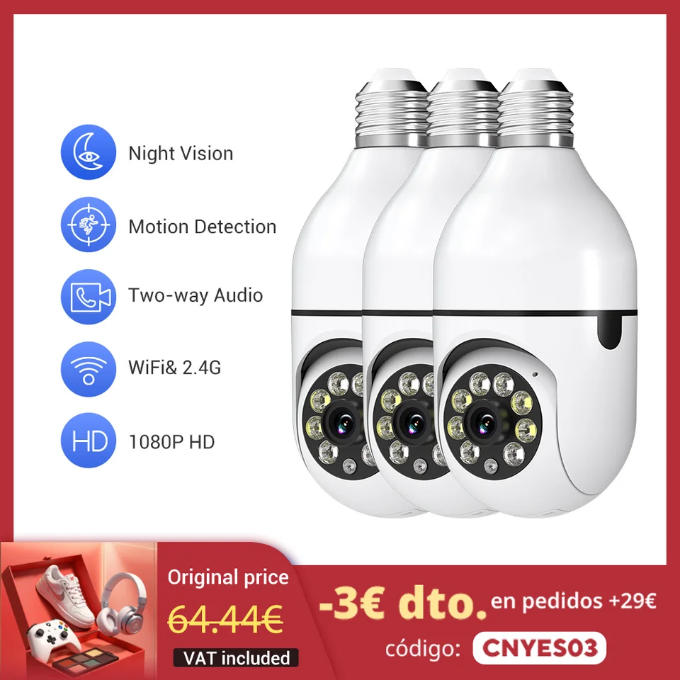 3pc Ease Life Life App-Light Security Camera Indoor Outdoor Wifi WiFi Camera 2,4 GHz, 360 stupňov, E27 Svetelná zásuvka