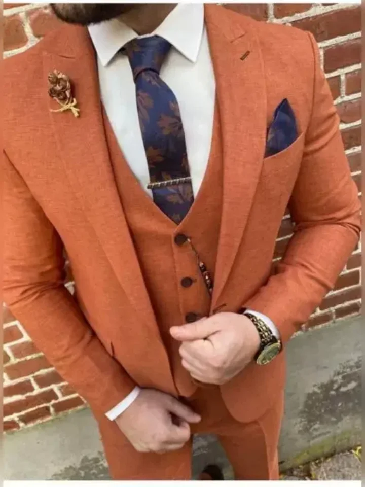 3PC Orange Red Notch Laskel Men Suit kostým Homme Groom Svadobný smokedo prom Masculino Slim Fit Blazer nohavice na nohavice