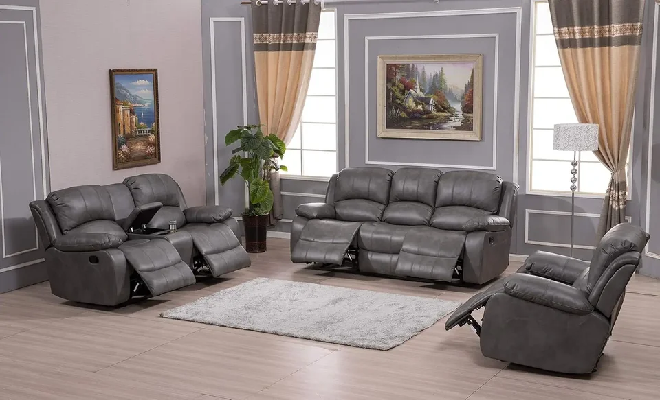 3pc spájaná kožená kožená sklápačka stoličky sada obývacia izba Sada pohovky Lovesat Glider Stoličky 8018 Viac farieb (šedá)