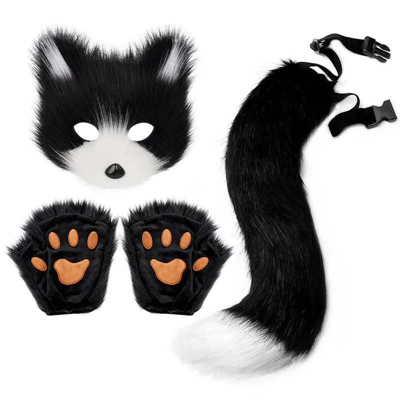 3pcs Fluffy Fox Fox Tail Keychain Cat Paws Rukavice a vlk Therian Mask Set pre Halloween Cosplay kostýmové doplnky