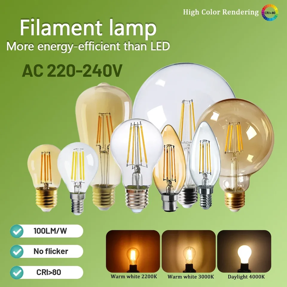 3PCS Retro LED žiarovka E27 B22 E14 C35 A60 ST64 AC220-240V EDISON FILAMITNA Žiarovka Vintage teplé sklenené svetlo osvetlenie vnútorné svetlo vnútorné svetlo