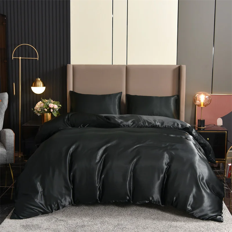 3pcs saténové obliečky na obliečka sada posteľných obliečok Queen Black Series Luxury Rich Rich Rich Silky Sladko Solid Sexy Sexy medové týždne vrások zadarmo