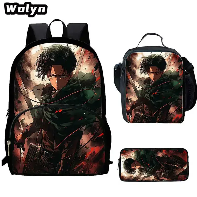 3pcs Set Cartoon Attack na batohu Titan School, obedová taška, taška na ceruzku School School Bag pre chlapca dievča vhodné pre 4-8 rokov staré