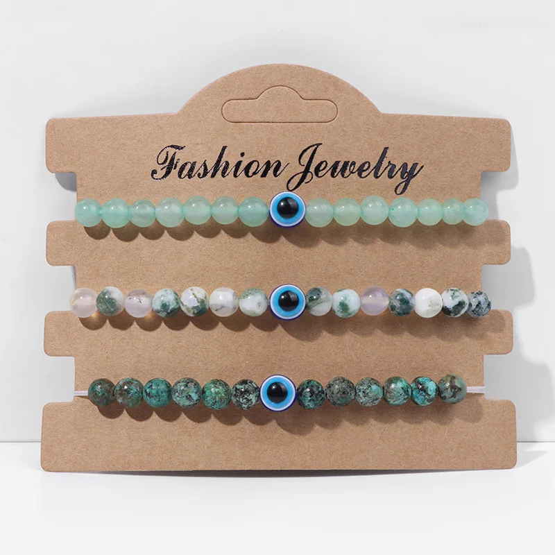 3pcs/set Turkish Blue Evil Eye Náramok sada 6 mm korálky Stretch náramok Crystal Quartzs Stone Bangles for Women Men Šťastie Šperky