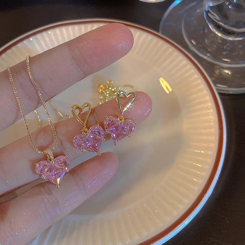 3pcs Trendy Y2K srdcové zirkón ružové krištáľové náušnice Náhrny Spravené pre ženy Elegantné vynikajúce párty šperk